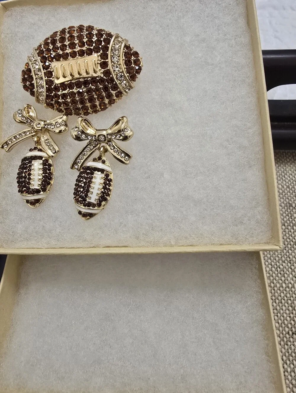 Is Anyone Ready For Some Football? Crystal Football Brooch and Dangle Earrings